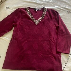 Karl Lagerfeld burgundy purplish‎ v neck sweater with pearls